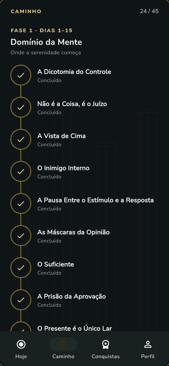 Tela do app Steady Life: a lista do caminho de 45 dias, com os dias já concluídos marcados, sob o título “Fase 1 · Dias 1–15 — Domínio da Mente”.